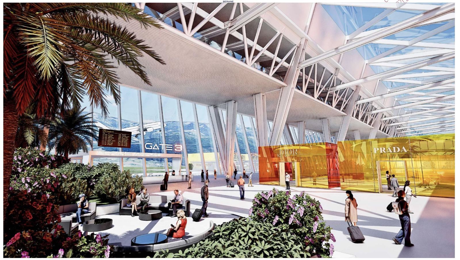 Terminal-Innenansicht Aerodrom Berane: Gate 3 mit digitaler Abfluganzeige, Wartebereich und Retailzone