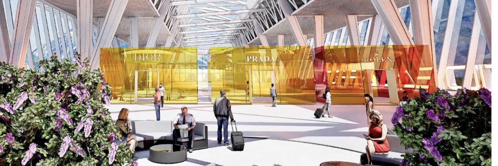 Terminal-Innenansicht Aerodrom Berane: Shopping- und Lounge-Bereich mit Sitzinseln und Bepflanzung